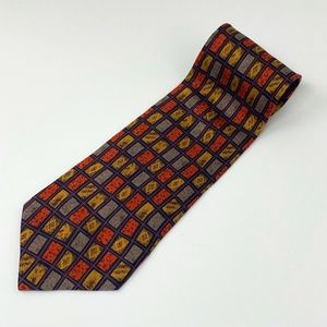 Zionetti Men Wide Neck Tie 100% Italian Silk Orange Yellow Taupe Rectangle Print